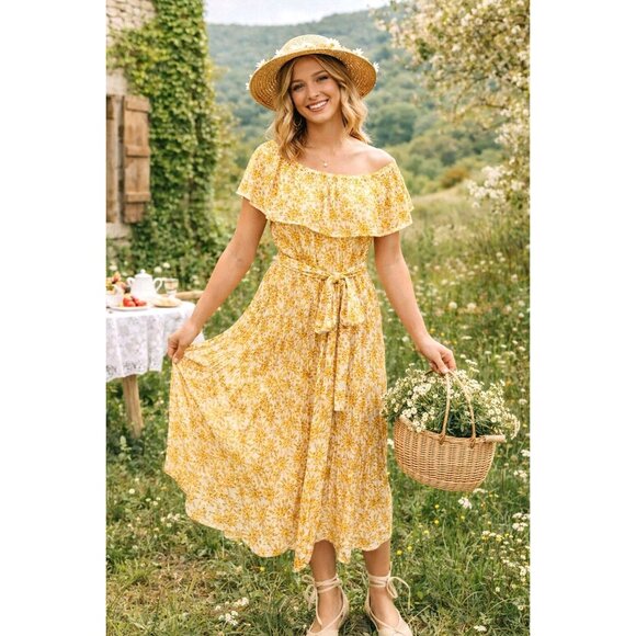 MICHAEL Michael Kors Dresses & Skirts - Michael Michael Kors Yellow Floral Pleated Midi Dress XL Boho Belted Summer